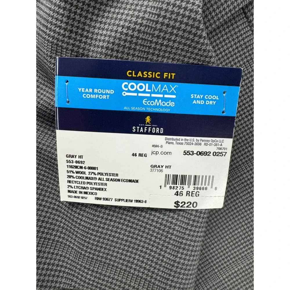 Stafford CoolMax EcoMade Gray Houndstooth Performance Wool Suit Jacket 46R NEW